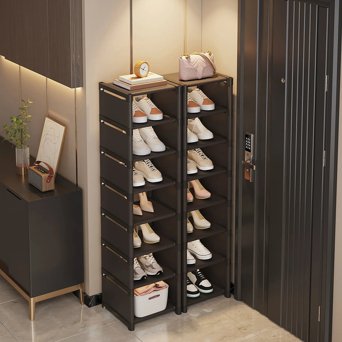 stackable and adjustable space-saving shoe organizer