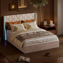 160x200 storage bed with slatted base, Bedside wing lights, Double bed，Hydraulic type, velvet fabric, beige