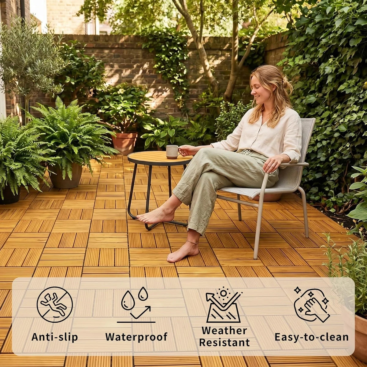 Click-together acacia wood decking tiles 305 mm for indoor and outdoor use