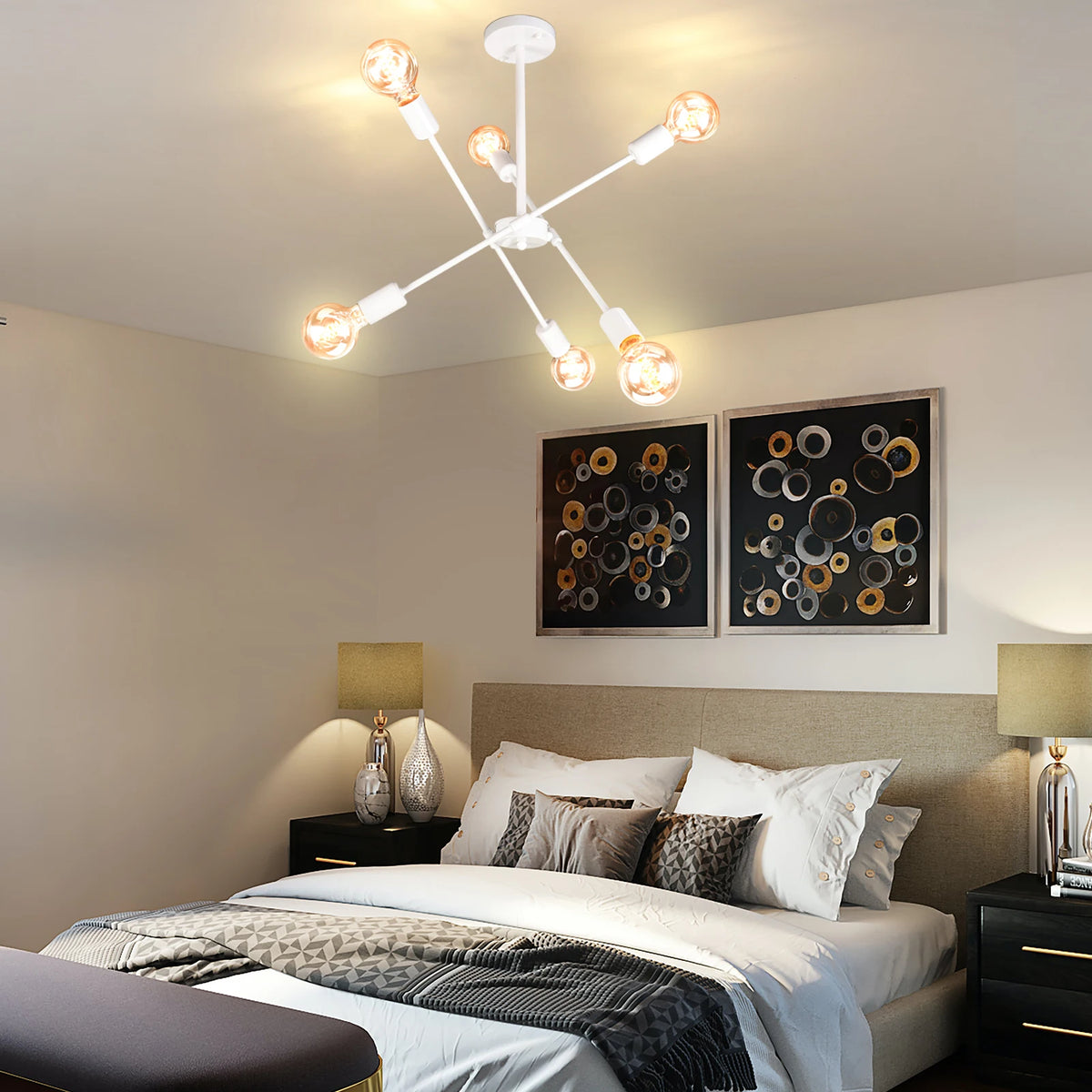 White metal LED ceiling light with 6 branches