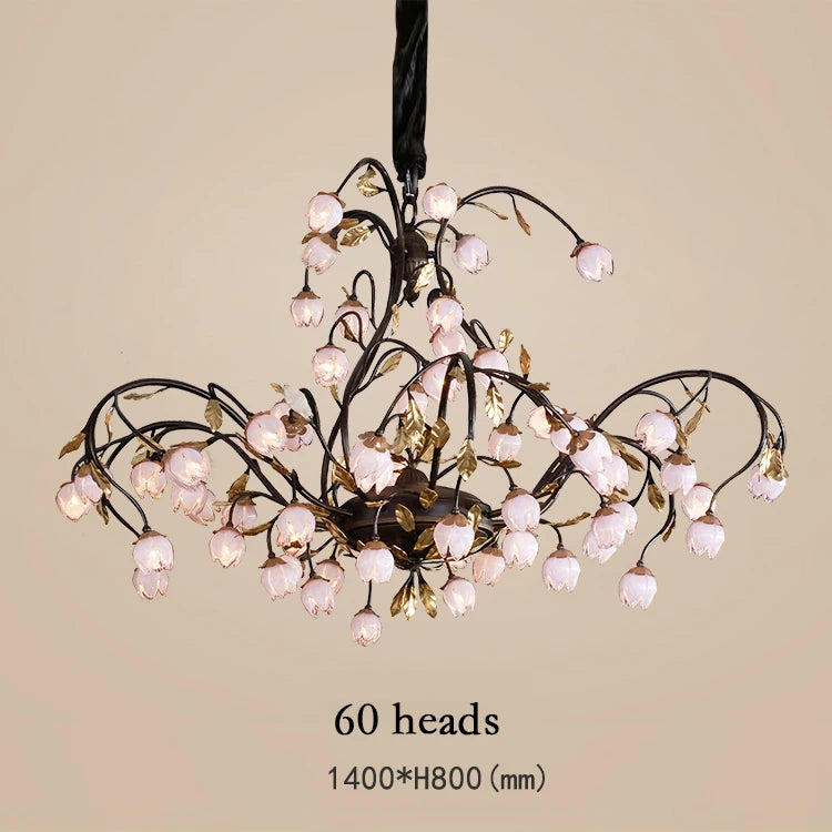 Antique chandelier with art nouveau tulip-shaped lampshades