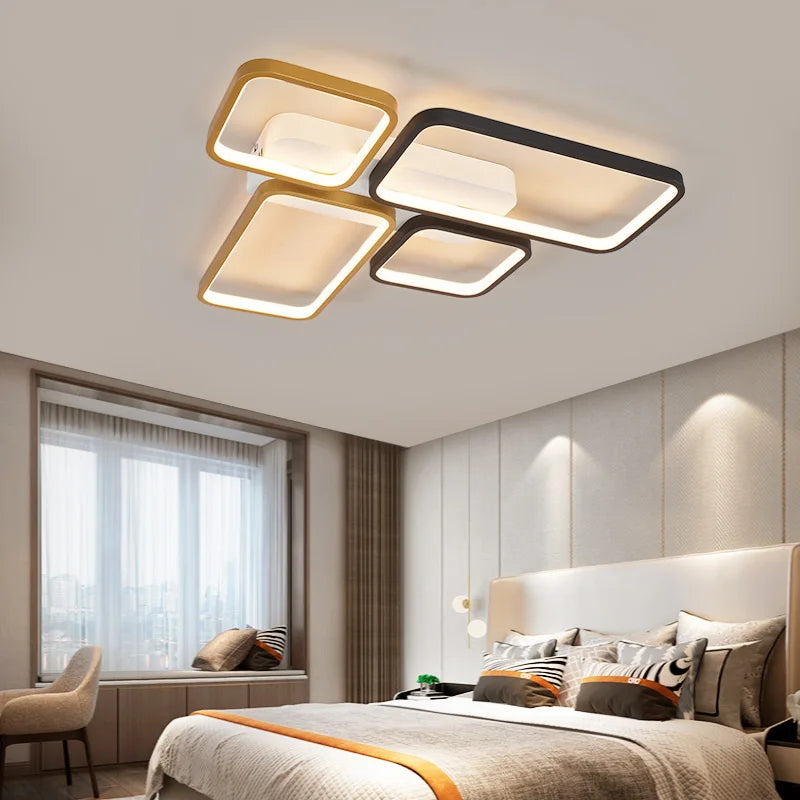 Modern black and gold chandelier with dimmable remote control