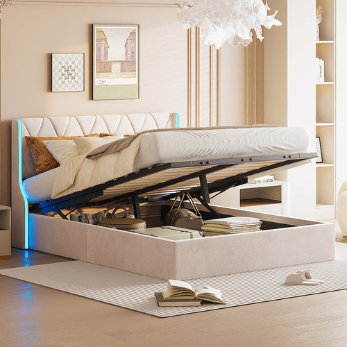 160x200 storage bed with slatted base, Bedside wing lights, Double bed，Hydraulic type, velvet fabric, beige - vue 3 sur 6