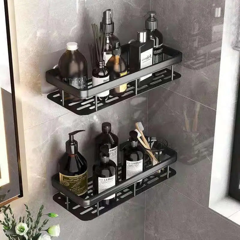 wall-mounted corner shelf towel rack and shampoo holder without drilling