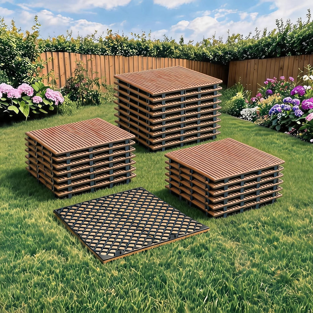Acacia wood click-together non-slip patio tiles 30x30 for balcony and pool