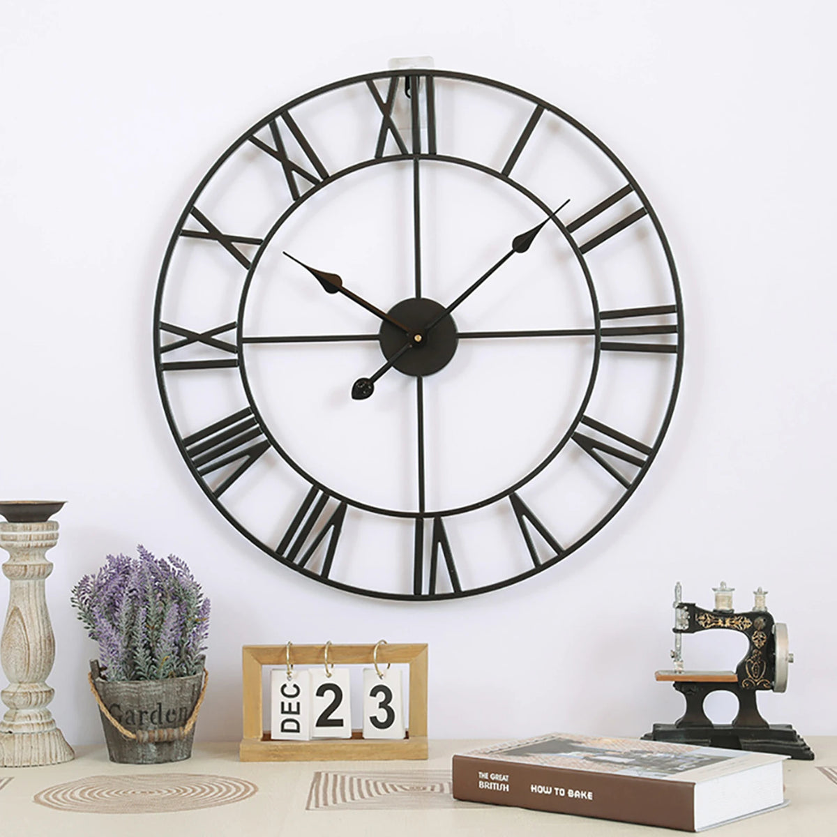 vintage silent metal wall clock with roman numerals