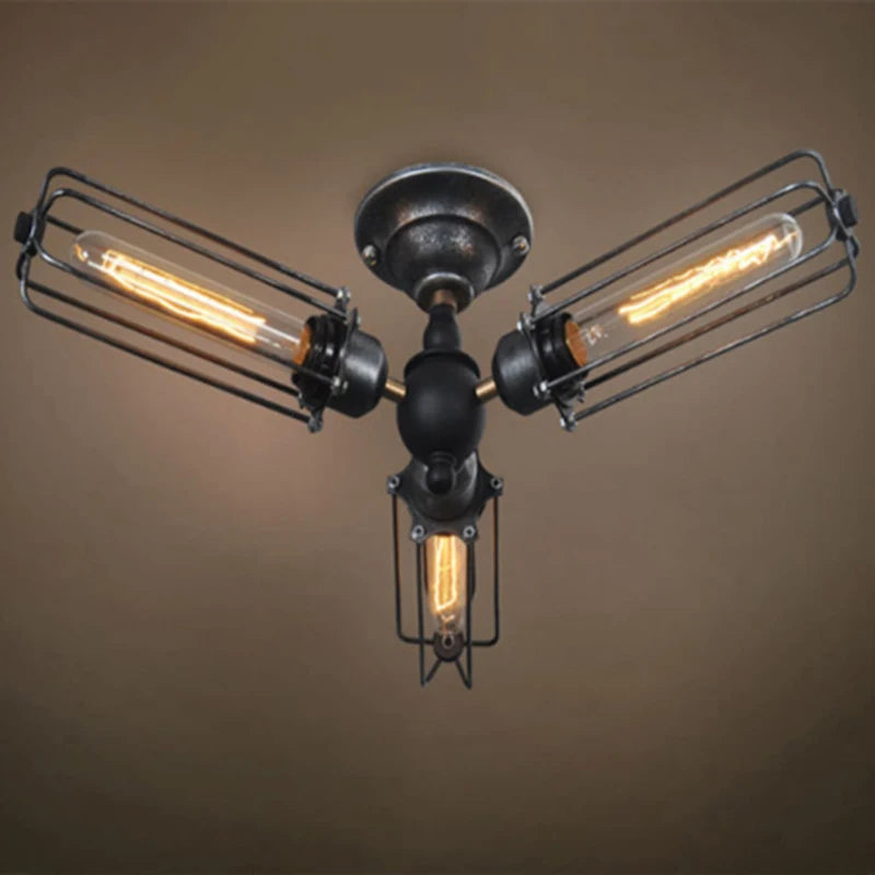 Vintage industrial ceiling light with metal cage - vue 3 sur 5