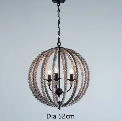 Round rustic retro chandelier in white iron with wood beads - vue 9 sur 11