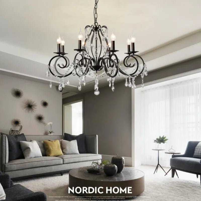 Vintage black iron chandelier with crystal for interior decor