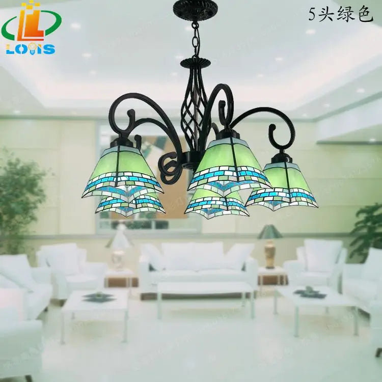 Iron ceiling light with trendy Tiffany glass rose flowers - vue 9 sur 10