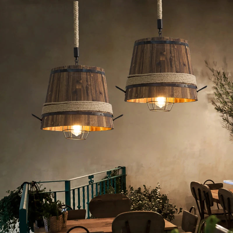 American retro loft barrel industrial pendant light, adjustable wood chandelier for dining room, cafe, restaurant by Drolight