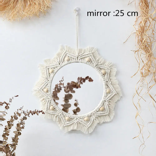 Boho-style macramé wall mirror for interior decoration - vue 11 sur 14