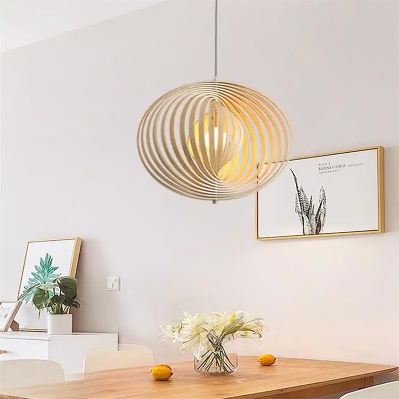 Minimalist wood LED Spherica pendant light for Nordic office - vue 3 sur 9