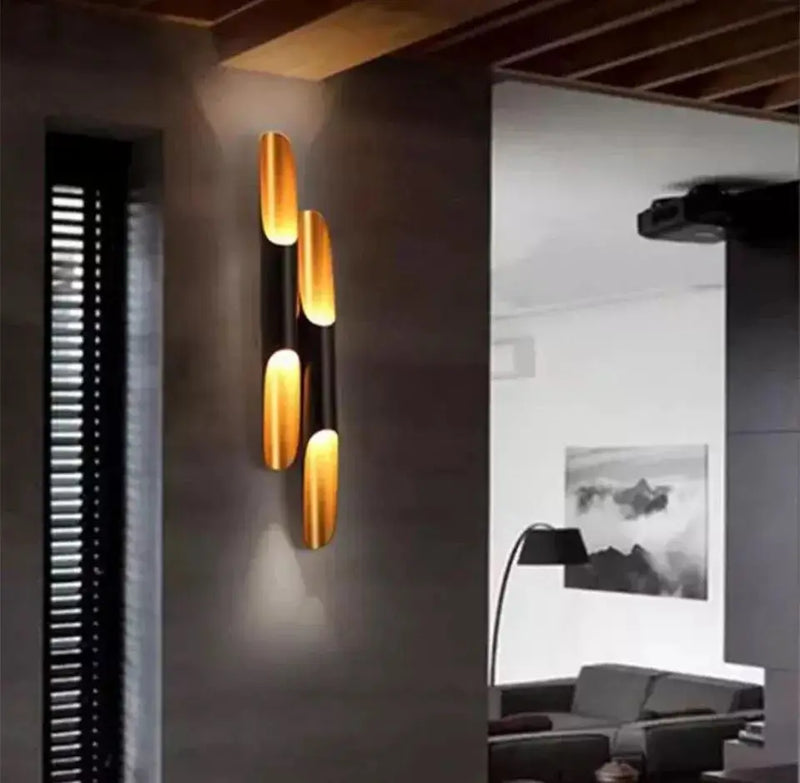 New replica Coltrane LED wall light with aluminium pipe wing, 2 lights, black and gold, E27