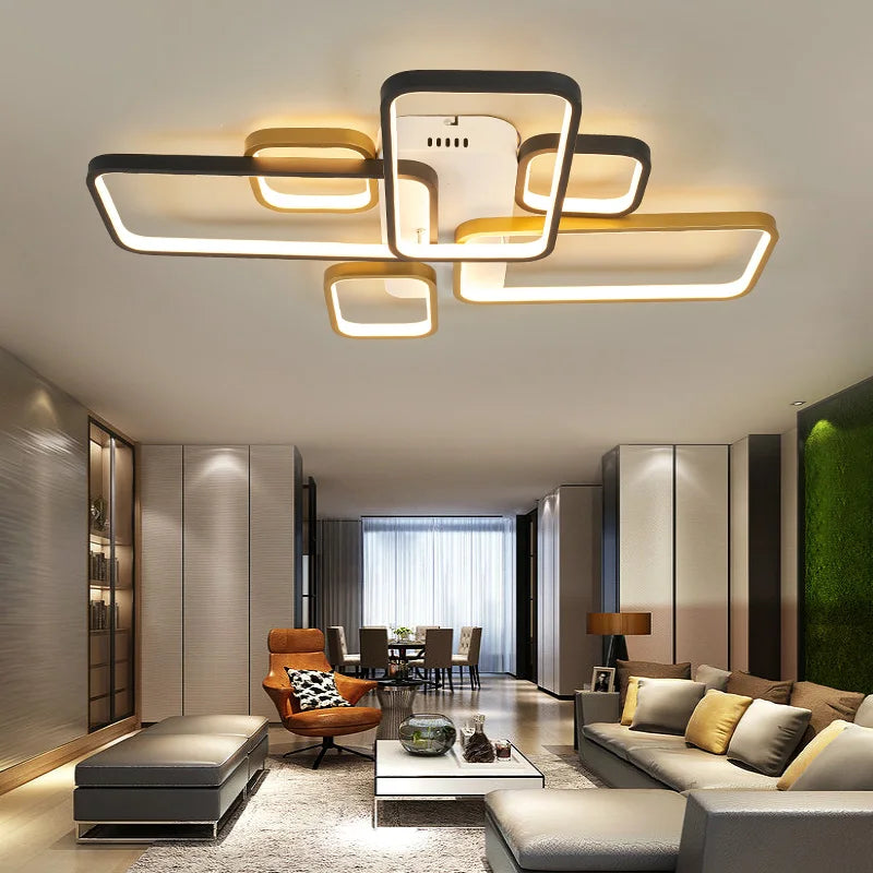 Modern black and gold chandelier with dimmable remote control