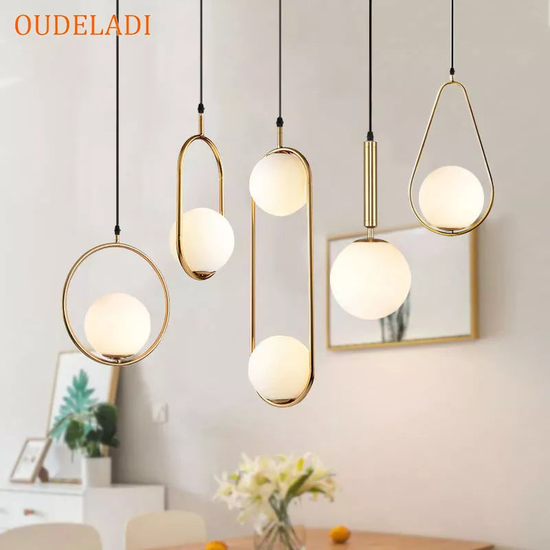 Nordic glass ball pendant light gold vintage hoop modern LED hanging lamp for living room, home, loft, industrial decor lighting