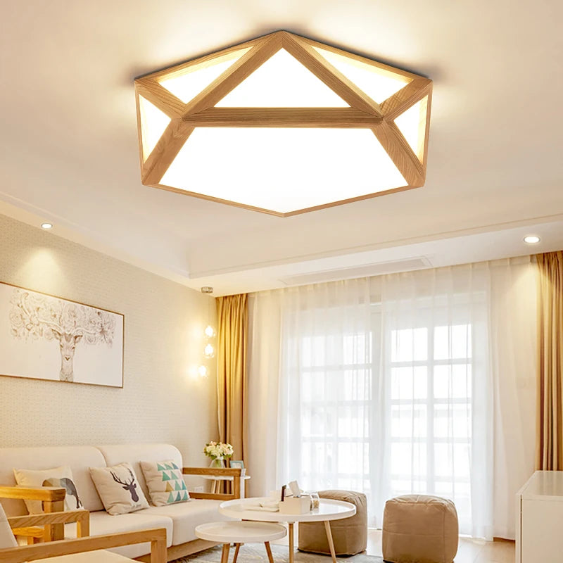 Simple Nordic geometric hollow wooden LED ceiling light