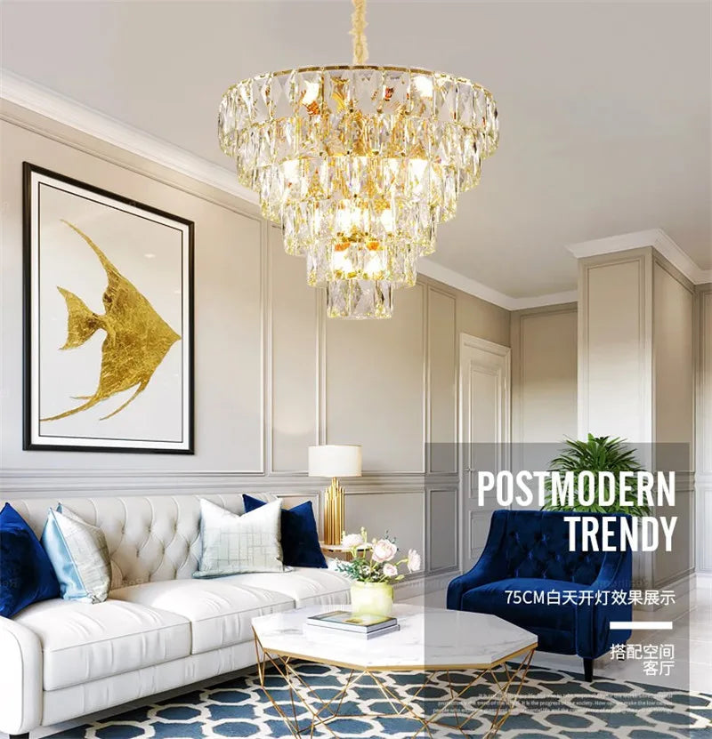 Round gold steel chandelier with crystal and interior LED lighting