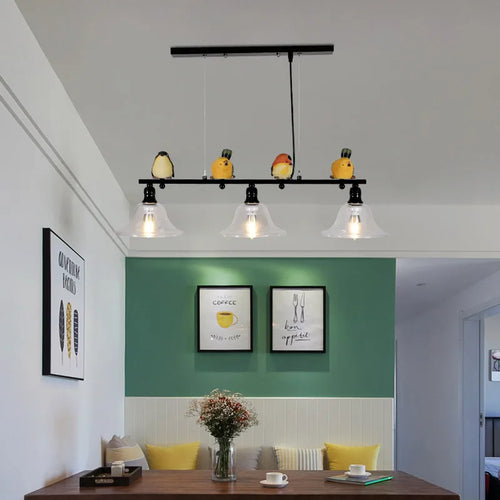 Nordic iron, glass and resin chandelier with decorative bird - vue 3 sur 7