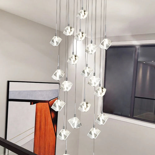 Modern square crystal chandelier for staircase and restaurant - vue 4 sur 14