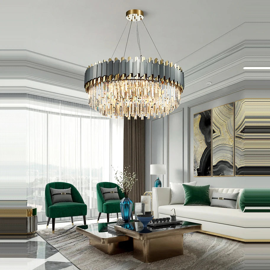 Elegant and modern art deco chandelier in stainless steel and crystal - vue 5 sur 15