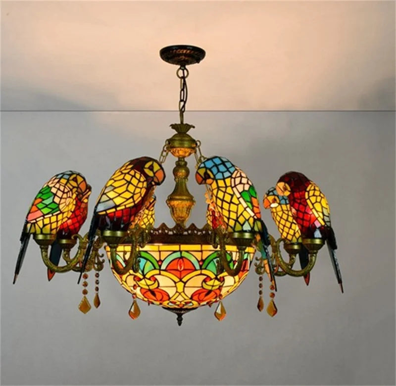Tiffany stained glass chandelier with parrot bird design for elegant interiors - vue 11 sur 14