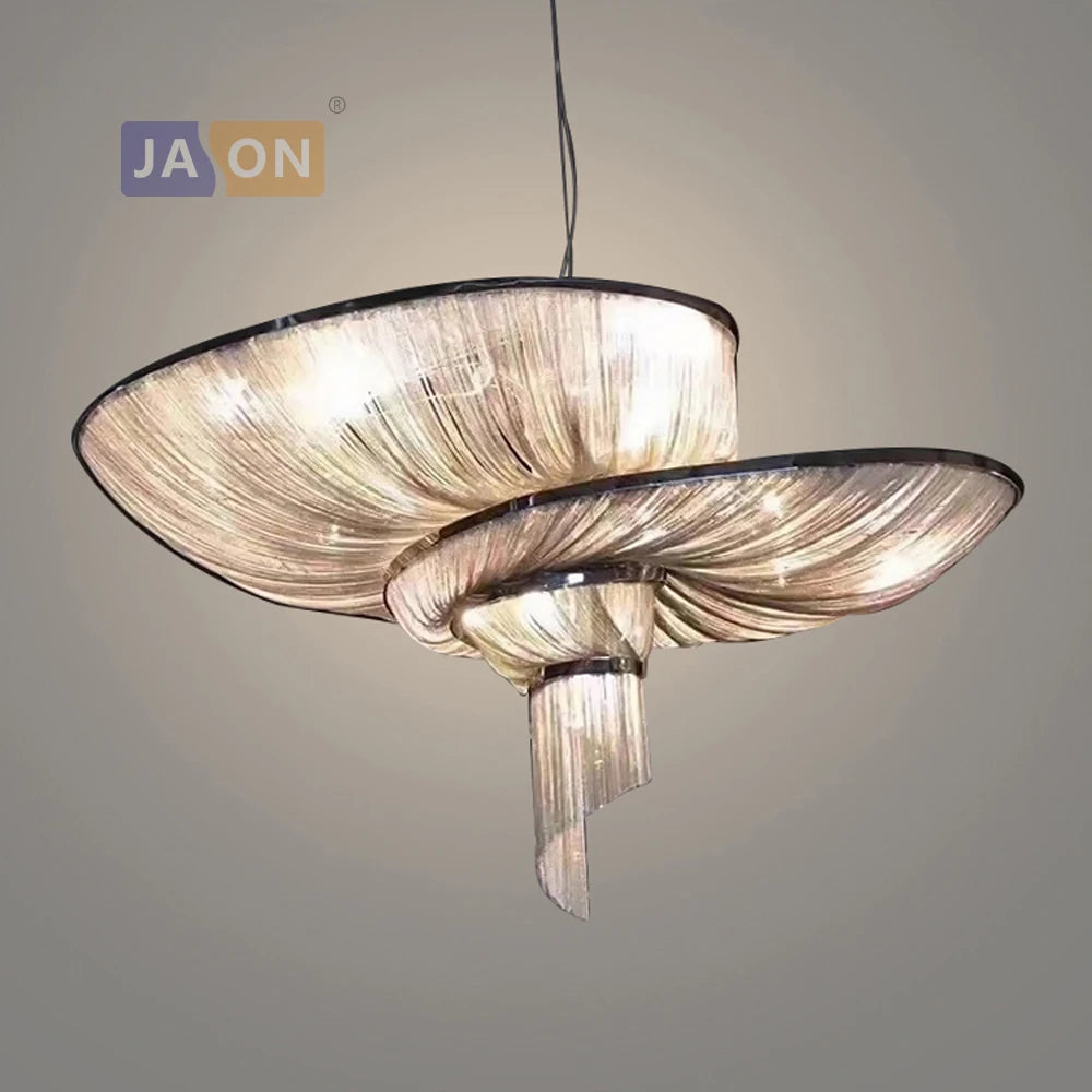 Retro vintage aluminium chandelier with gold and chrome chain - vue 3 sur 6