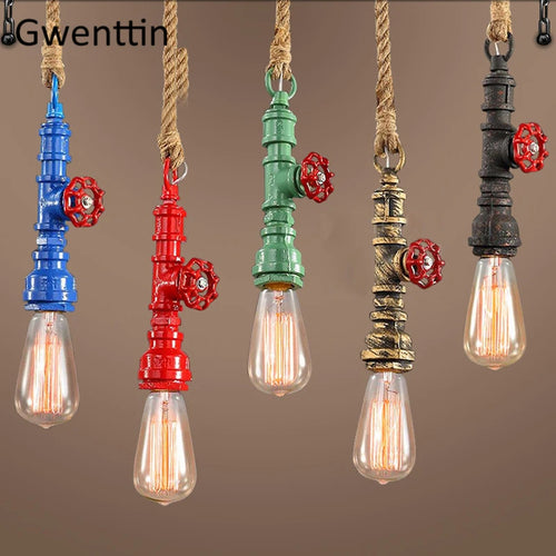 Vintage steampunk pendant light in industrial pipe and hemp rope - vue 5 sur 11