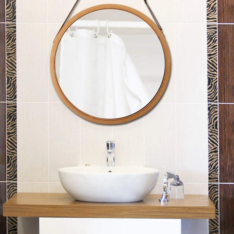 round hanging bamboo mirror with adjustable leather strap - vue 5 sur 7
