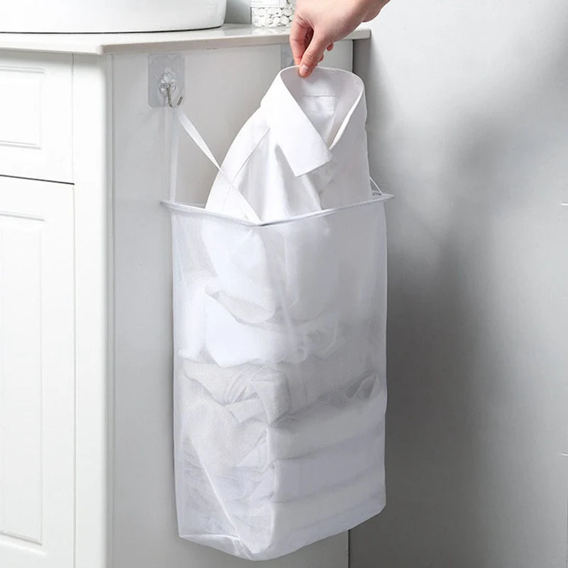 Foldable wall-mounted laundry basket for storage and organization