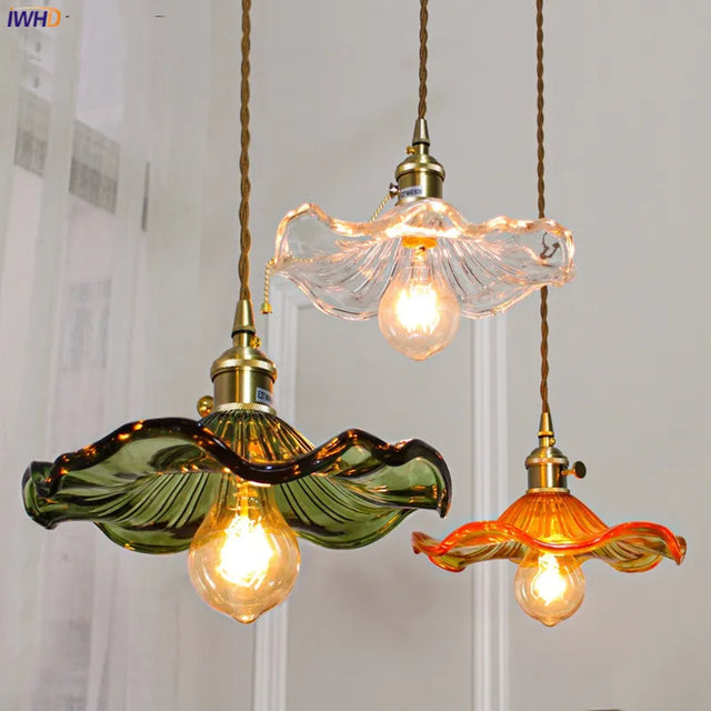 Nordic style decorative LED pendant light with glass floral shade