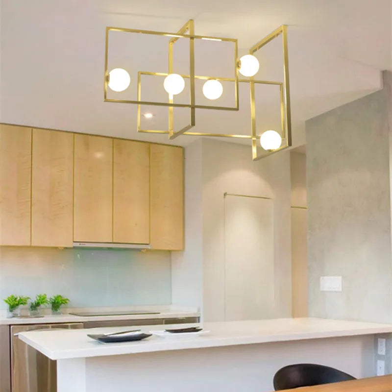Modern LED chandelier with innovative design gold frame glass globe - vue 5 sur 8