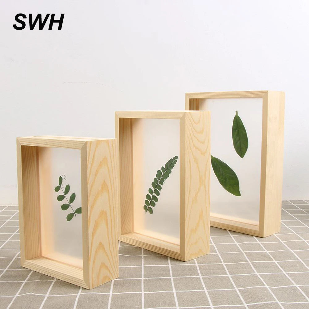 Vintage wooden and transparent plastic photo frame for interior decor