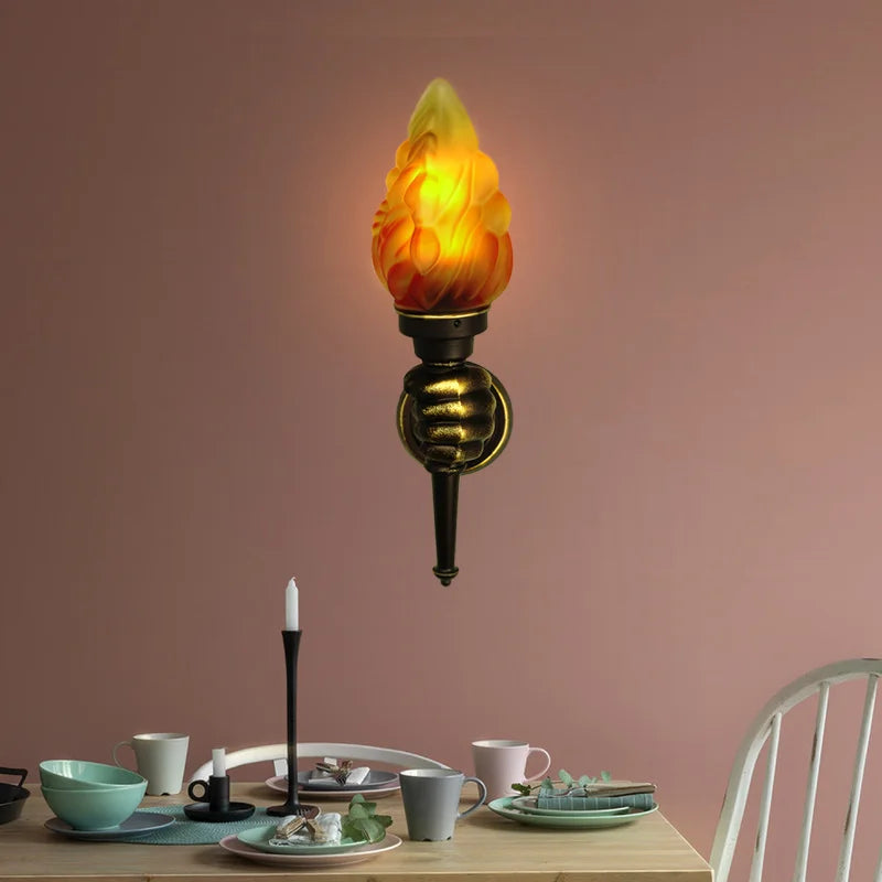 Retro flame wall light for outdoor bar and restaurant