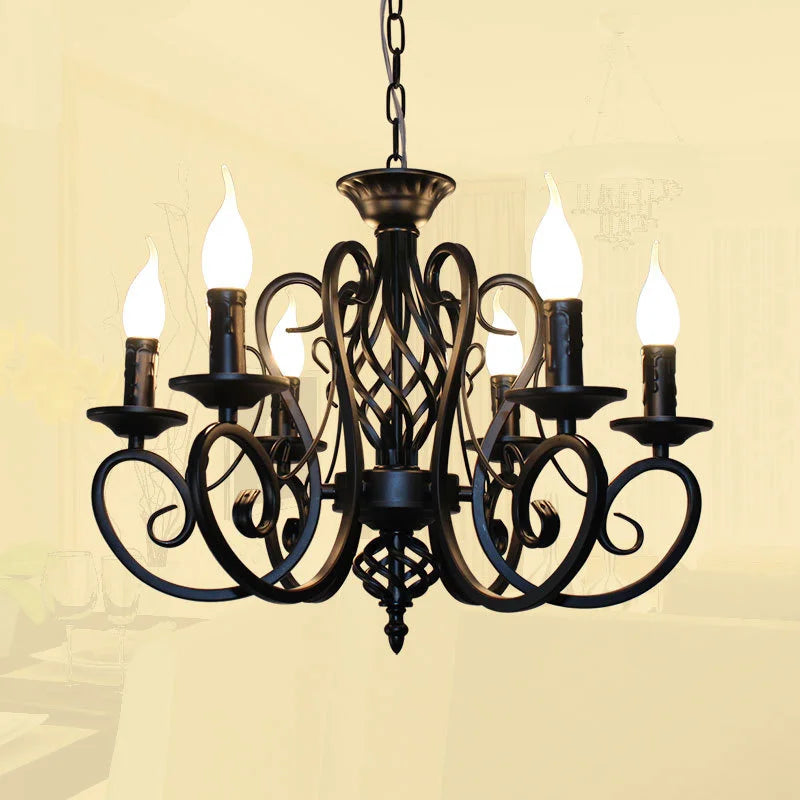 Classic vintage chandelier with 6 or 8 candle lights in wrought iron