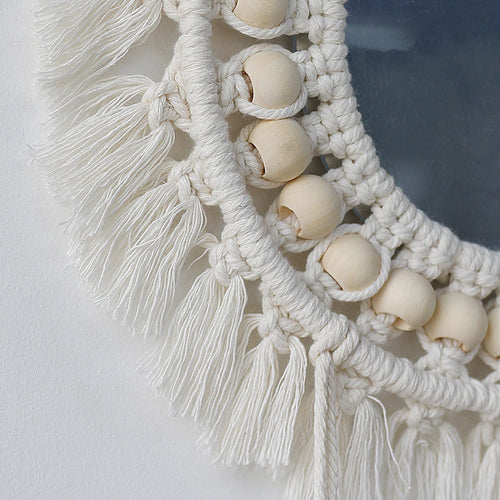 Boho-style macramé wall mirror for interior decoration - vue 3 sur 14