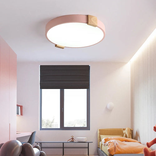 Nordic round LED ceiling light made of creative decorative iron and wood - vue 5 sur 10