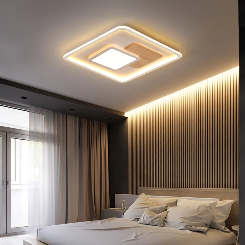 Modern round real wood ceiling light with decorative LEDs - vue 4 sur 16