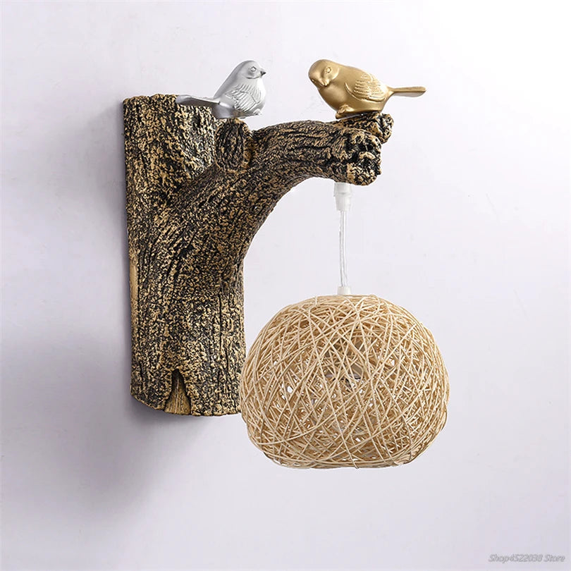 Chinese style wall light with resin birds and rattan shade