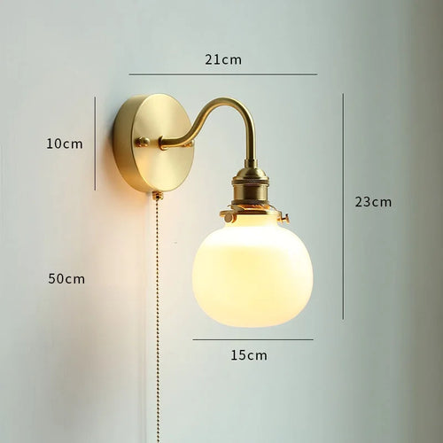 Modern glass LED wall light with pull chain switch for bathroom and bedroom, nordic copper - vue 20 sur 23
