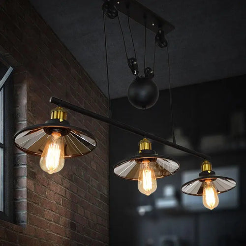 Vintage industrial 3-head iron pulley pendant light - vue 7 sur 8