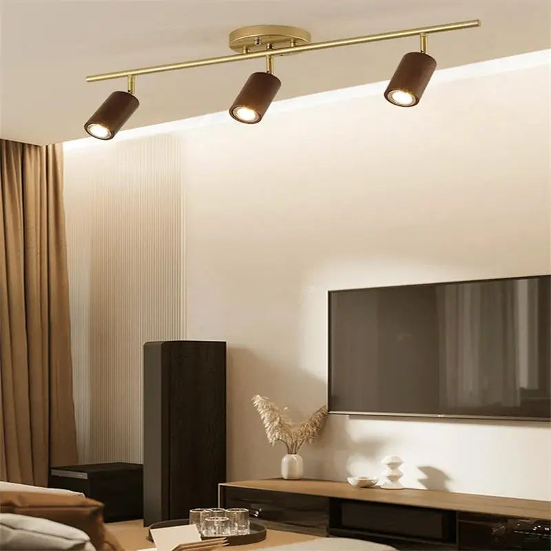 Modern wooden LED ceiling light with multiple heads - vue 3 sur 14