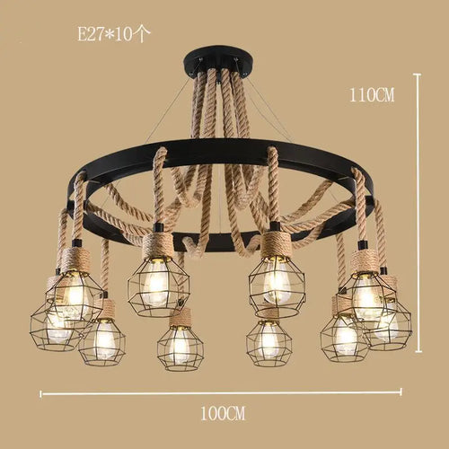 Industrial style ironwork and hemp rope chandelier - vue 15 sur 14