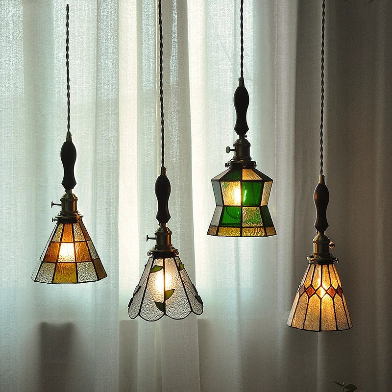Small Nordic chandelier in copper with coloured glass