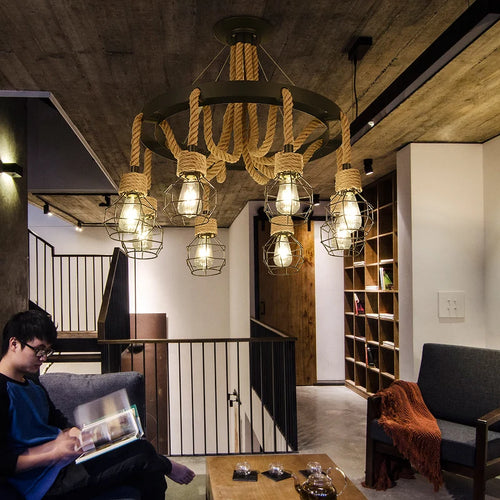 Industrial style ironwork and hemp rope chandelier - vue 2 sur 14