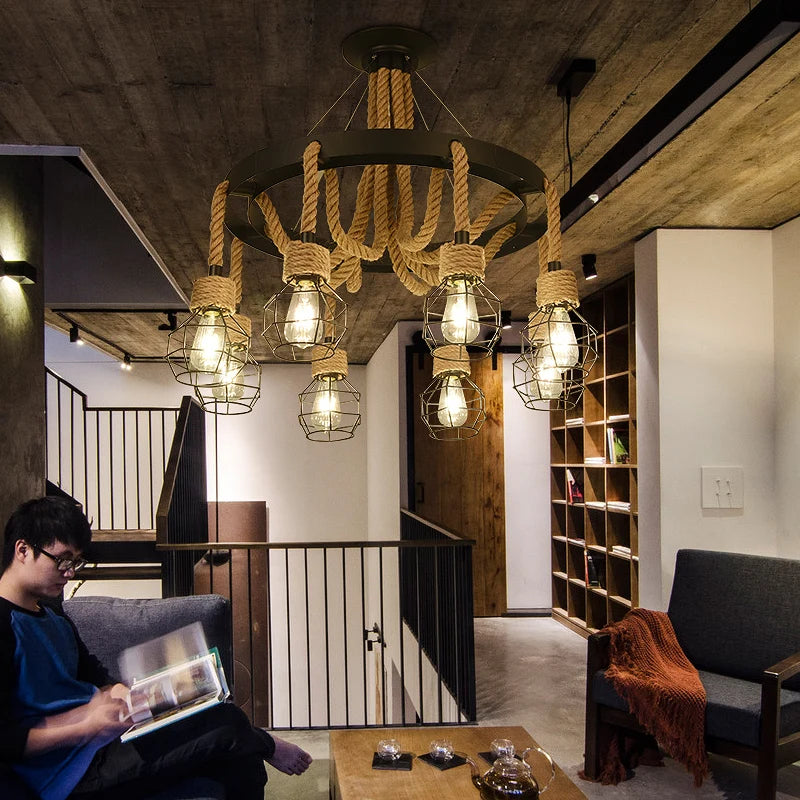 Industrial style ironwork and hemp rope chandelier