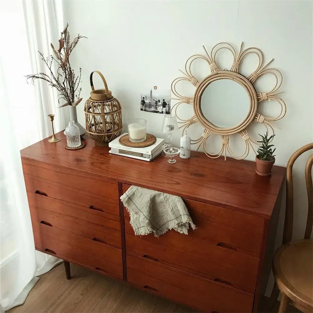 retro wicker wall mirror for home decor