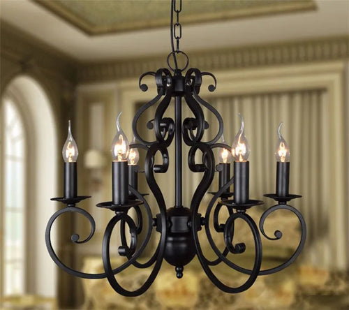 Vintage black wrought iron chandelier for indoor lighting - vue 3 sur 6