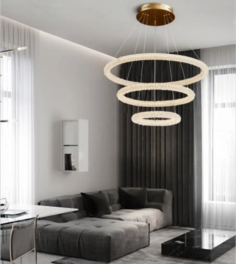 Crystal pendant light with round ring for cafés and restaurants
