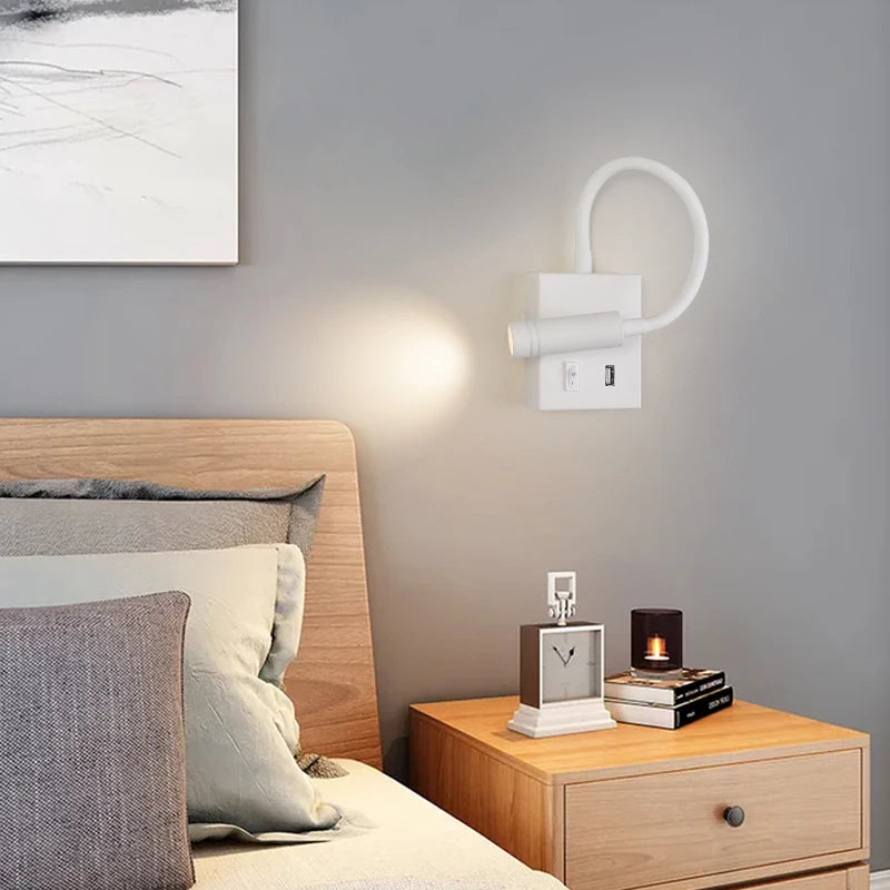 Modern nordic LED bedside wall lamp with USB port and switch
